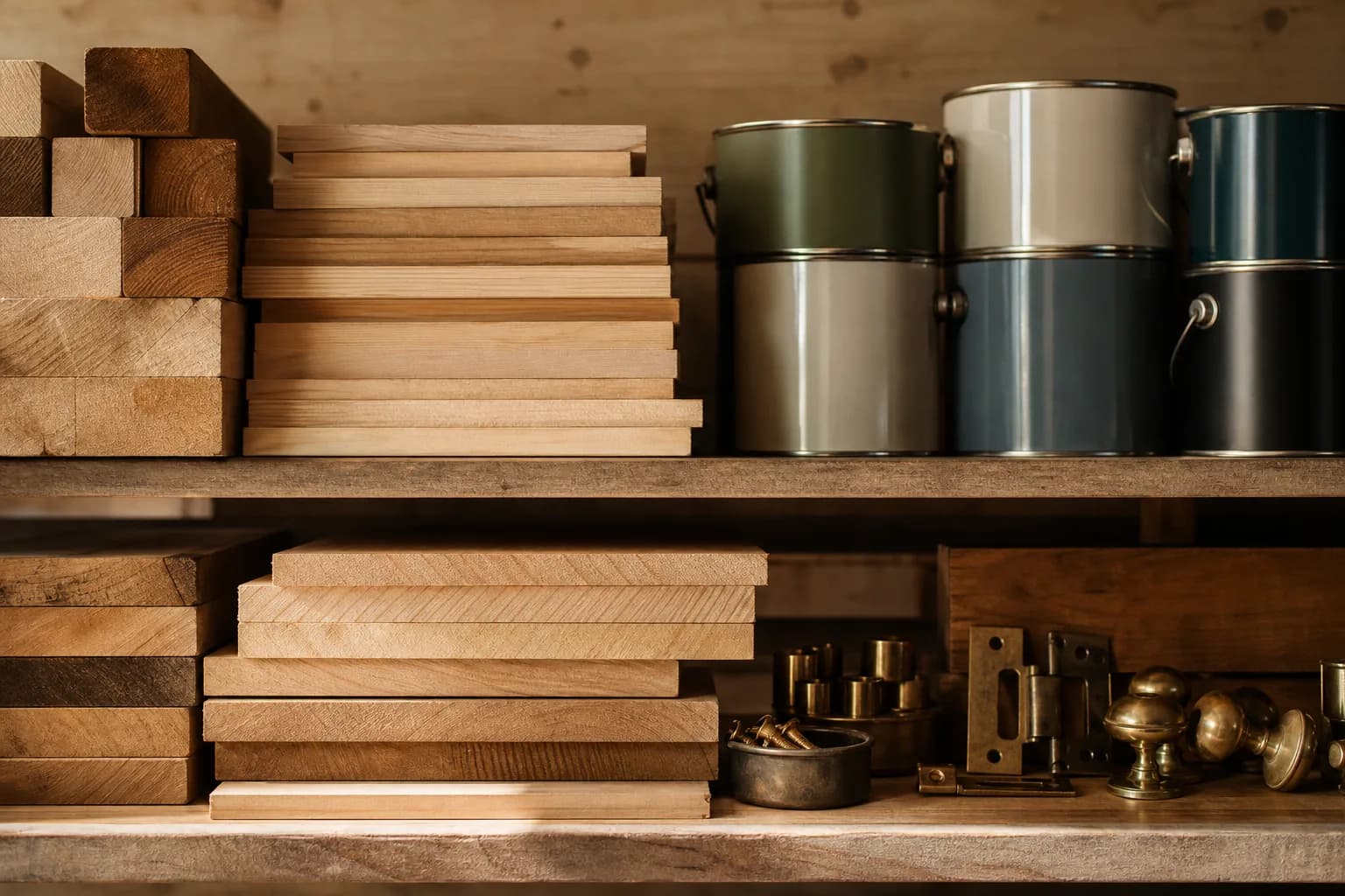 Neatly stacked quality building materials, planed timber, trade paint and brass fittings on a workshop shelf