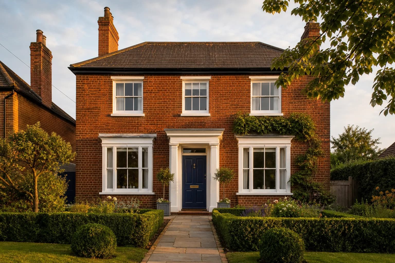 A well-kept traditional brick home with a freshly painted front door and tidy garden